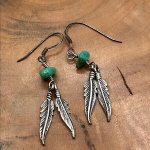 Vintage Sterling Silver Feather Earrings with Turquoise Accents